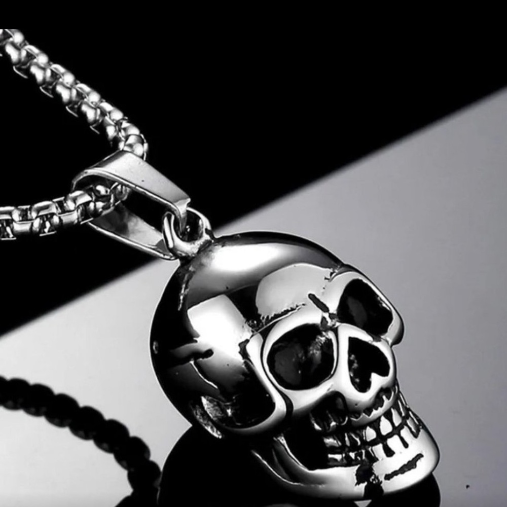 Silver Skull Pendant Necklace Steampunk Goth Biker Punk Jewelry NWT - Picture 3 of 9